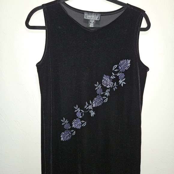 Vintage 90s Y2K Black Velvet Dress Floral Design Midi Maxi Long Whimsigoth Fairy - Picture 2 of 12